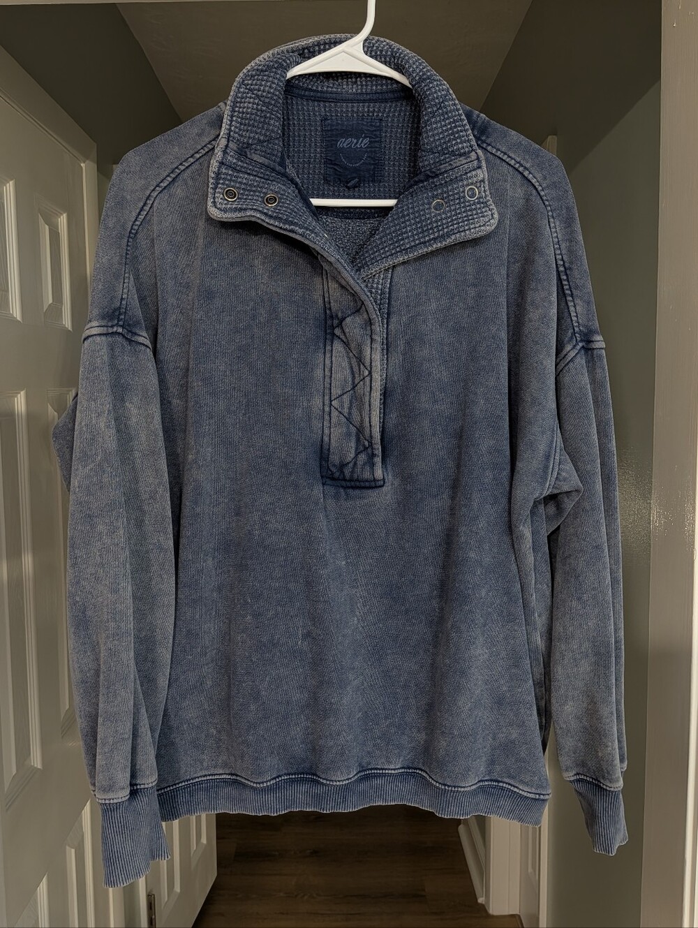 aerie Getaway Dark Navy Denim Blue Quarter Snap Waffle Collar Sweatshirt